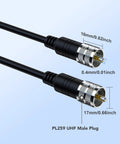 RG8X Coax Cable 50 Ohm with UHF PL259 Male to Male Connectors showing dimensions, shielded design for radios and antennas.
