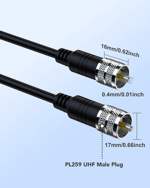 RG8X Coax Cable 50 Ohm with UHF PL259 Male to Male Connectors showing dimensions, shielded design for radios and antennas.
