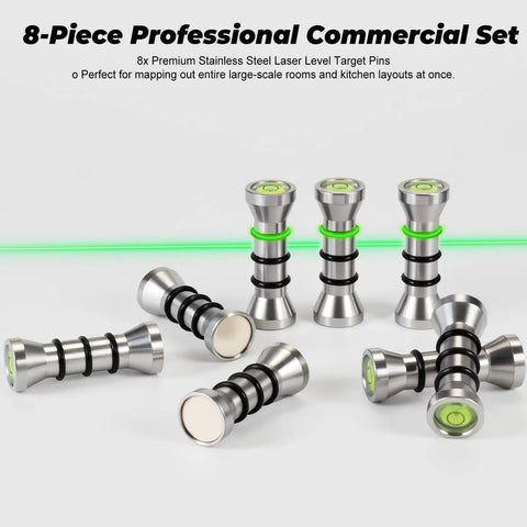 Heavy Duty Stainless Steel Magnetic Laser Level Marker Pins And Alignment Setup Blocks Rust Proof Job Site Equipment Straight Shot Layout Targets Bulletproof Eight Pack arranged with green laser line for precise layout.
