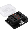 No Sweat Six Way RV Fuse Block And Blade Box with lid, 6 fuse slots, black plastic for 12 Volt DC applications.