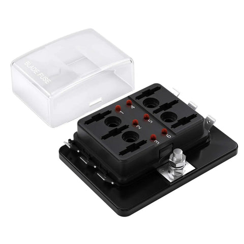 No Sweat Six Way RV Fuse Block And Blade Box with lid, 6 fuse slots, black plastic for 12 Volt DC applications.