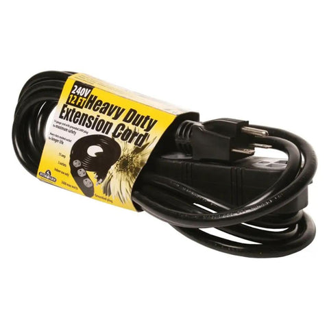 Beefy 240V Extension Cord, 12 Foot, 14-Gauge Grounded Black Power Cable, coiled with label, NEMA 6-15R, handles 3600 watts