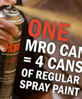 Pro Grade Industrial Spray Paint Gloss Safety Blue 48 Oz 3 Pack High Solids No Run No Sag Fast Dry For Metal Tools And Equipment Indoor Outdoor Finish in hand, text overlay "ONE MRO CAN = 4 CANS OF REGULAR SPRAY PAINT."