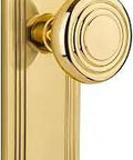 Old School Deco Plate With Deco Knob Passage Door Set, 2-3/8 Inch Backset, Polished Brass, Solid Forged Brass With Lead Crystal Knobs