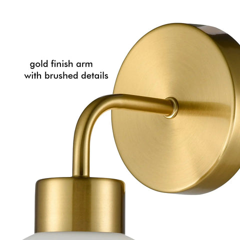 Close-up of Gold Modern Bath Wall Sconce With Opal Glass Globe Vanity Lights Set Of 2 gold finish arm showing brushed details.
