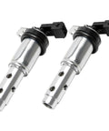 Vanos Solenoid Oil Control Valve Set Two Pack For BMW Engine Timing Replacement, metal construction, front view