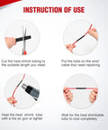 Instruction manual for 650-Piece Heat Shrink Tubing Kit With 3:1 Shrink Ratio, showing cutting, placing, heating, and cooling steps.