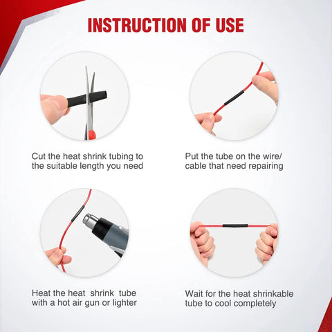 Instruction manual for 650-Piece Heat Shrink Tubing Kit With 3:1 Shrink Ratio, showing cutting, placing, heating, and cooling steps.
