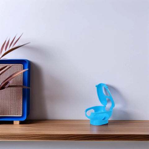 Pro Grade Pigeon Injection Holder For Easy Medicine Feeding, Lock In Bird Holder Frame shown on wooden shelf, blue color