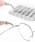 Using tweezers to repair glasses with 1000-Piece Stainless Steel Micro Screw Kit for Glasses and Sunglasses Repair, Includes Tiny Screws, Nuts, Washers, Caps, Plus 4-In-1 Precision Screwdriver and Metal Tweezers, Durable Rust-Resistant All-In-One Fix It Gear