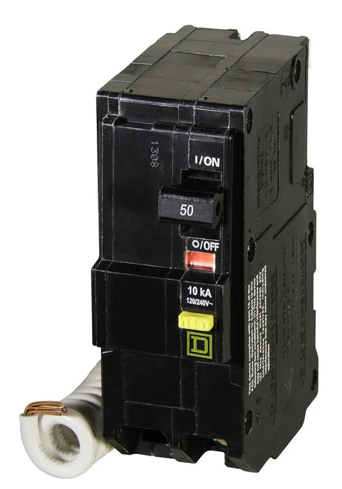 QO Qwik-Gard 50 Amp Two-Pole GFCI Circuit Breaker for Home Panels, Plug-On Design, 120/240V, with coiled wire, 10,000 AIR