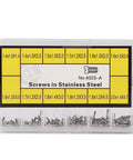 Stainless Steel Watch Case Back Screw Set With 12 Precise Sizes in labeled box for Pro Grade Watch Repair.