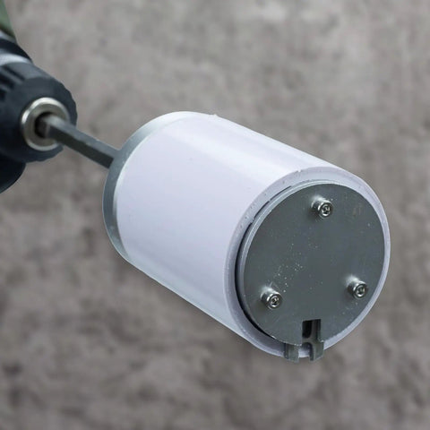 2-In-1 Internal Pipe Cutter For 1.5 In And 2 In PVC Pipes, Aluminum Alloy Construction, drill attached close-up view