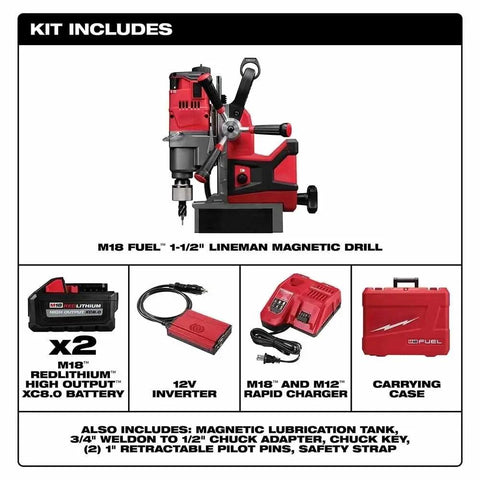 1-1/2 Inch Cordless Lineman Magnetic Drill Kit With Brushless Motor and accessories including battery, inverter, and charger.