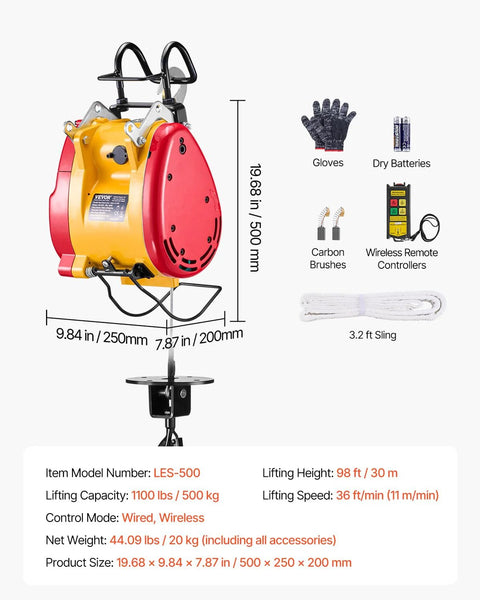 VEVOR 2-in-1 electric hoist winch with yellow and red housing, 1100 lb capacity, wireless remote.