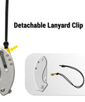 Spud Small Neck Knife With Detachable Lanyard Clip and Pocket Clip, raw silver aluminum handle, showcased with lanyard.