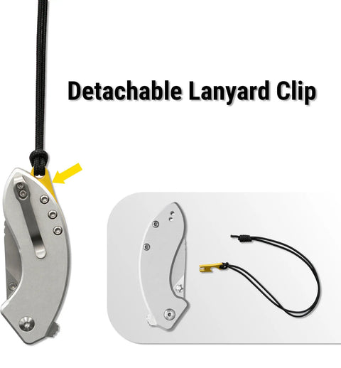 Spud Small Neck Knife With Detachable Lanyard Clip and Pocket Clip, raw silver aluminum handle, showcased with lanyard.
