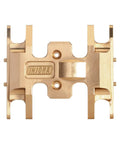Top view of a gold CNC machined aluminum Beefy Brass Skid Plate for 1/24 RC Crawler Axial Gladiator Bronco C10 JLU Deadbolt