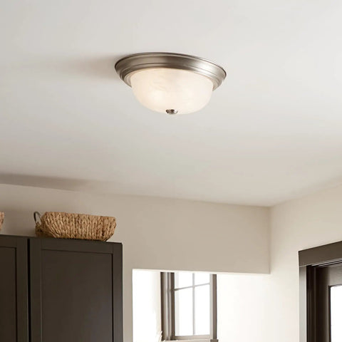 Two-Light Flush Mount Ceiling Fixture In Brushed Nickel With Alabaster Glass For Bedroom Living Room Kitchen And Hallway Dimmable Fixture