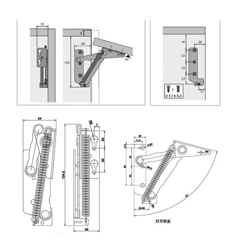 Diagram of Two Piece 80 Degree Sprung Hinge Cabinet Stay For Lift Up Doors Built To Last Steel With Plated Finish Easy Screw Installation