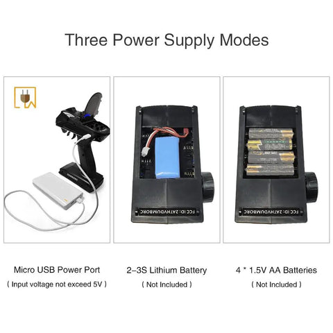 X6 FG 2.4GHz RC Radio Transmitter And Receiver With Gyro For Cars Boats Tanks, three power supply modes shown