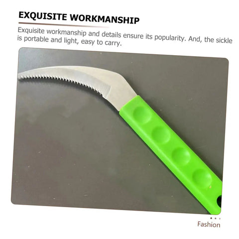 Close-up of serrated gardening tool with green handle for Two Pack Serrated Gardening Mowing Tool With Steel Sickle Handles Manual Weeder
