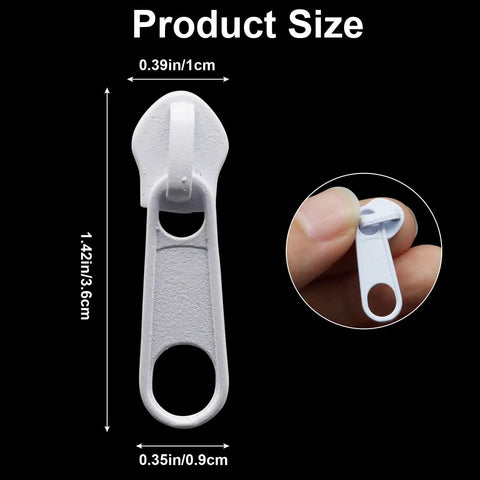 Replacement Zipper Sliders Size Five White Pulls For Nylon Coil Zippers Metal Zippers Repair Kit shown with size dimensions