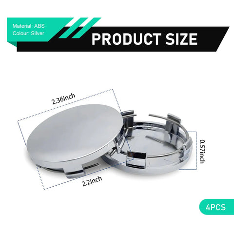 4 Pc Heavy Duty Car Wheel Center Caps 60 Mm Bore Snap In Hub Caps round silver ABS shell showing dimensions 2.36 and 2.2 inches