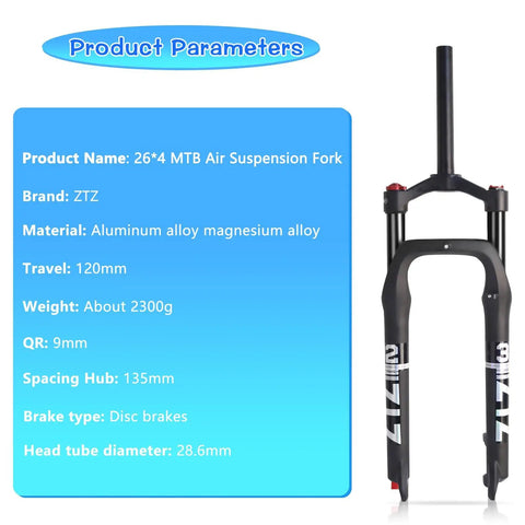 Fat Tire 26x4.0 Inch MTB Air Suspension Fork With Ultralight Build, 120mm Travel, Aluminum Alloy, Product Specifications