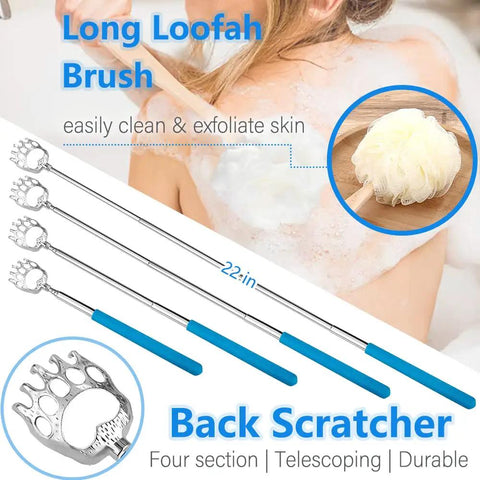 All-In-One Hip Replacement Recovery Kit For Seniors With 7 In 1 Assistive Tools Including Prime-Grabber Reacher, Sock Aid, 2-In-1 Shoehorn Dressing Stick, Leg Lifter, Back Scratcher, Bath Loofah. 22 in telescoping metal back scratcher with loofah head