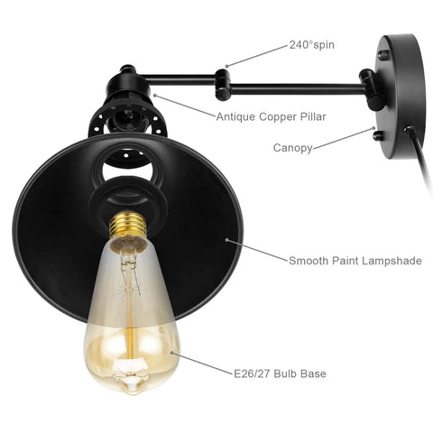 2 In 1 Plug In Or Hardwired Swing Arm Wall Light Sconce In Industrial Black Finish With Adjustable Arm E26 Base Socket Up To 40 Watts