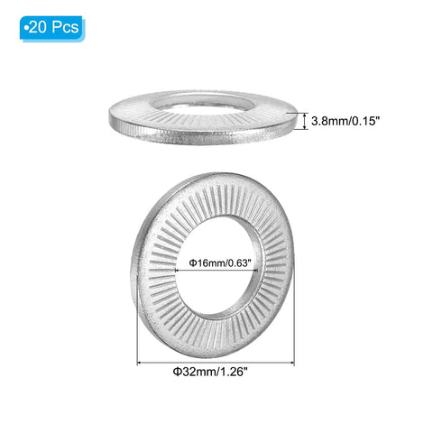 Badass Grade 304 Stainless Steel Belleville Spring Disc Washers M16x32mm Conical Locking Knurled Gasket Bolts Heavy Duty Hardware For Automotive Industrial Construction Mechanics And Diy Projects Guaranteed Strong Hold And Zero Corrosion Risk, 20 pcs, 3.8mm