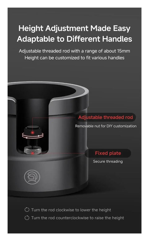 Adjustable Aluminum Alloy Espresso Portafilter Tamping Station Boss Level Holder showing adjustable threaded rod for height customization.