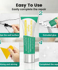 All In One Drywall Patch Kit With Scraper And Mending Paste For Quick Wall Repair steps shown with product tube and tools.