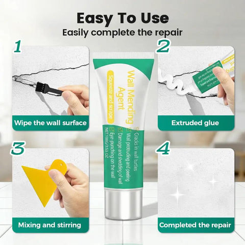 All In One Drywall Patch Kit With Scraper And Mending Paste For Quick Wall Repair steps shown with product tube and tools.