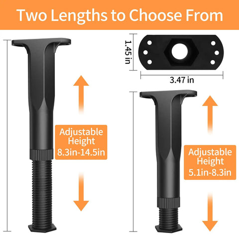 Heavy Duty Adjustable Bed Support Legs Eight Pack for No Sweat Furniture Leveling, showing adjustable height options 5.1-14.5 inches.