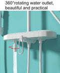 Premium Thermostatic Shower System With Led Digital Display Rainfall Head Wall Mounted Bathroom Faucet Set Includes Liftable Rod And Built In Soap Tray Straight Up Flex For Any Home showing 360° rotating water outlet and sleek design.