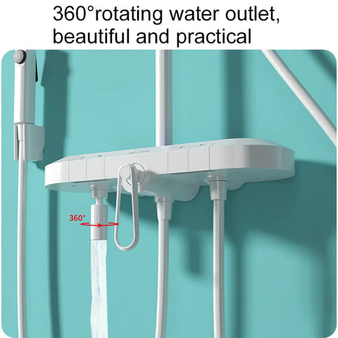 Premium Thermostatic Shower System With Led Digital Display Rainfall Head Wall Mounted Bathroom Faucet Set Includes Liftable Rod And Built In Soap Tray Straight Up Flex For Any Home showing 360° rotating water outlet and sleek design.