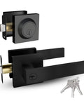 Heavy Duty Entrance Door Levers Set With Entry Lever Handle, Single Cylinder Deadbolt Lock And Keyed Entry, Square Locking Door Hardware For Left Or Right Handed Doors, Matte Black Finish, No Brainer Install featuring matte black lever and keys
