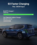 Next Level 560W Alternator To Dc To Dc Car Charger displayed on a blue vehicle, showcasing 6X faster charging capabilities.