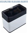 Electric Espresso Portafilter Cleaner With Knock Box And Dual Spin Brushes, compact design with a black top and white base.