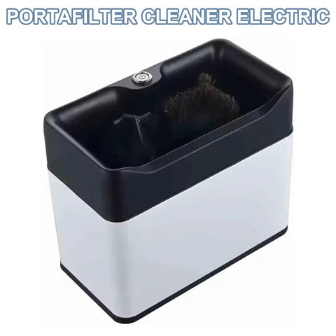 Electric Espresso Portafilter Cleaner With Knock Box And Dual Spin Brushes, compact design with a black top and white base.