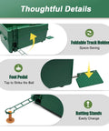 Automatic Golf Tee Machine With 100 Ball Capacity Indoor Use Golf Ball Dispenser With Batting Stand showing foldable track holder, foot pedal, and batting stands.