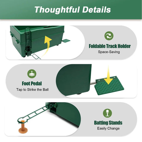 Automatic Golf Tee Machine With 100 Ball Capacity Indoor Use Golf Ball Dispenser With Batting Stand showing foldable track holder, foot pedal, and batting stands.