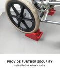Two Pack Rubber Wheelchair Chocks With Handle For Stable Seating And Slip Proof Easy Grip Wheel Stopper, installed on wheelchair wheels, shown in red.
