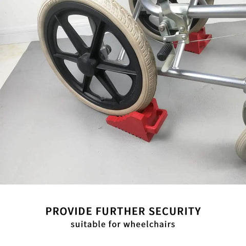 Two Pack Rubber Wheelchair Chocks With Handle For Stable Seating And Slip Proof Easy Grip Wheel Stopper, installed on wheelchair wheels, shown in red.