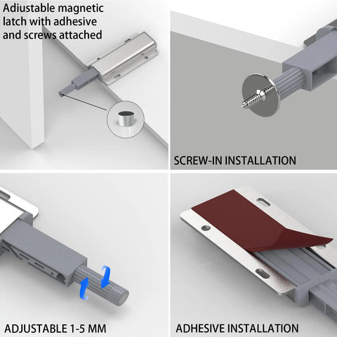 Push To Open Cabinet Latch Set 12 Pack Magnetic Touch Latches installation methods showing screw-in and adhesive options.