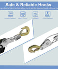 Close-up of hooks and ratchets on Heavy Duty Come Along Winch 2 Ton with Dual Gear System for off-road towing and recovery.