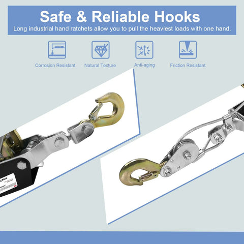Close-up of hooks and ratchets on Heavy Duty Come Along Winch 2 Ton with Dual Gear System for off-road towing and recovery.