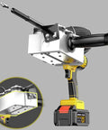 Heavy Duty Electric Fish Tape Puller And Straight Shooting Wire Threader Tool close-up view, showing battery and conduit attachment.